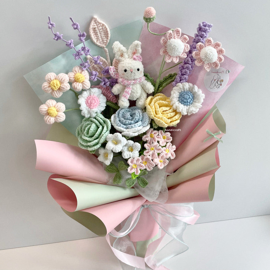 handicroft handmade crochet pastel flower bouquet rabbit bunny's pastel playground