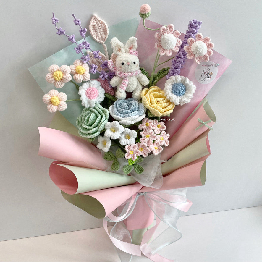 handicroft handmade crochet pastel flower bouquet rabbit bunny's pastel playground
