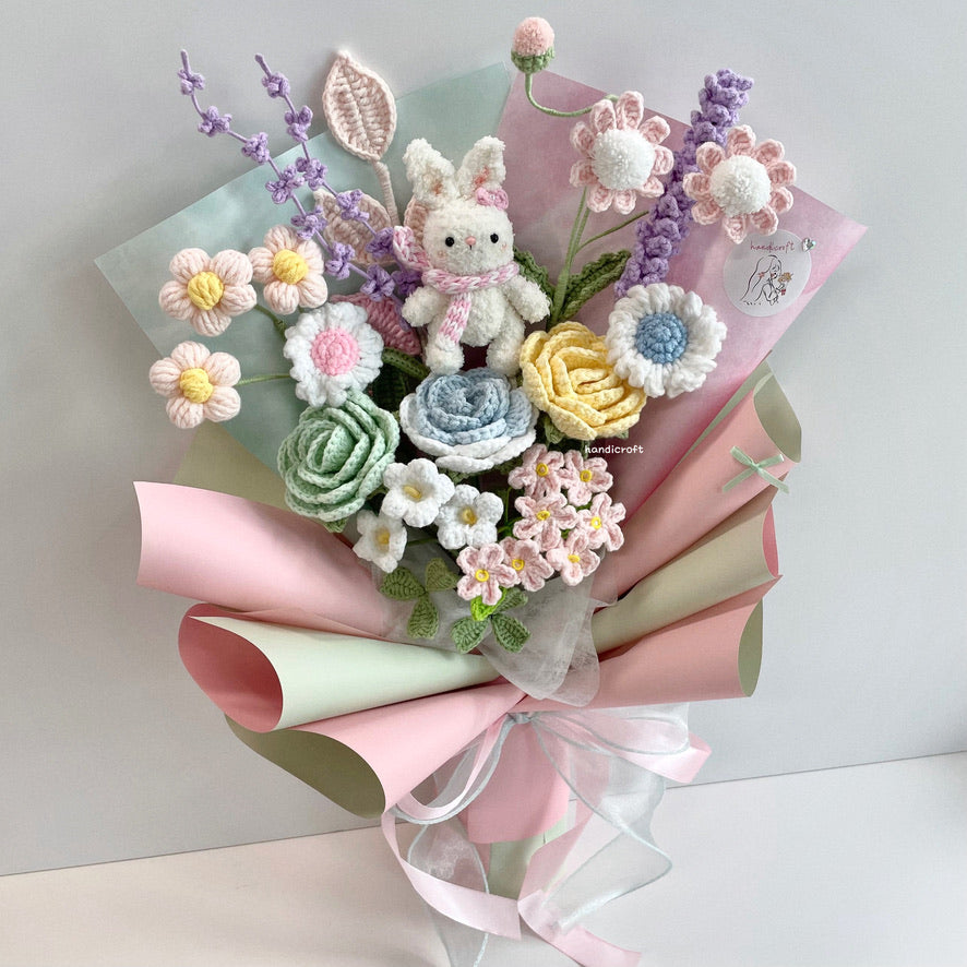 handicroft handmade crochet pastel flower bouquet rabbit bunny's pastel playground