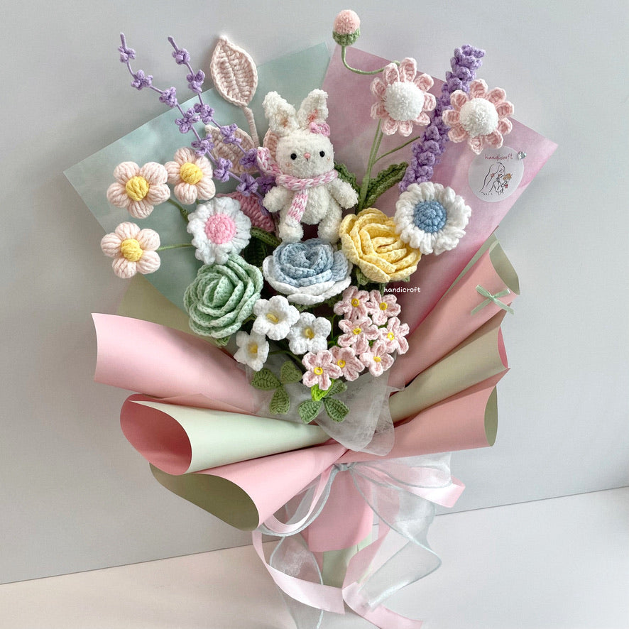 handicroft handmade crochet pastel flower bouquet rabbit bunny's pastel playground