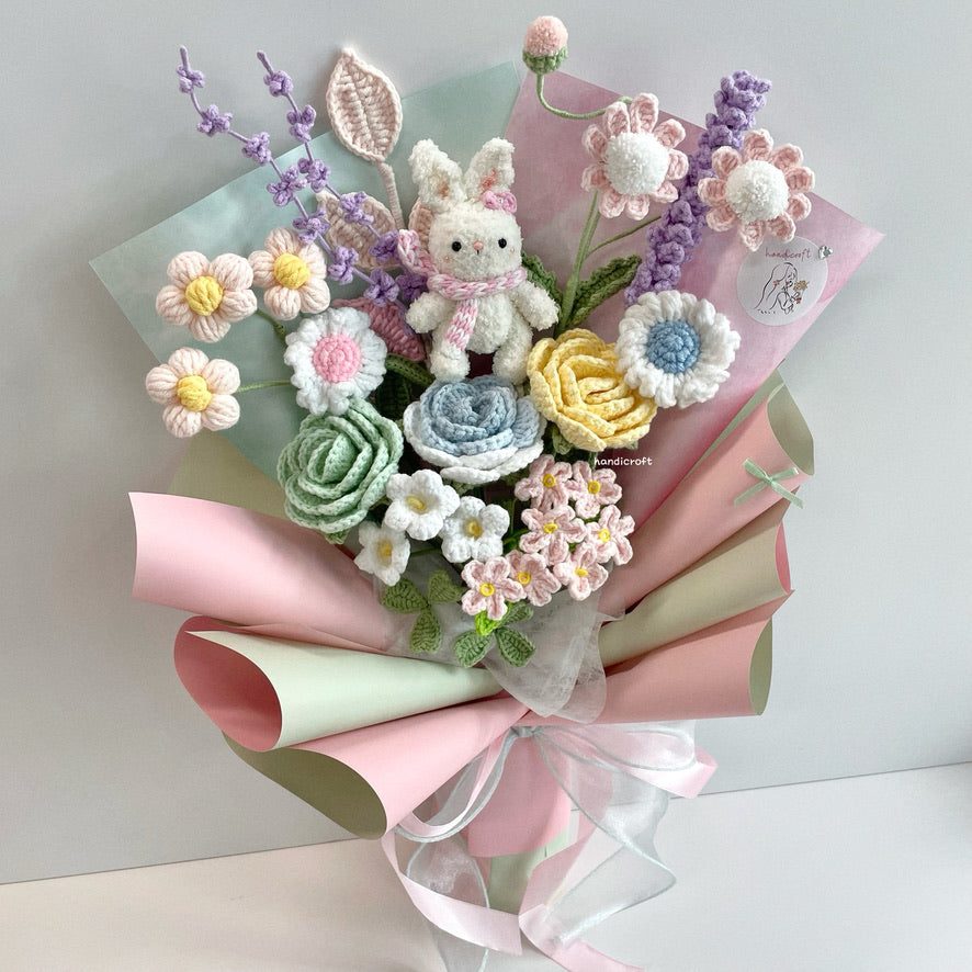 handicroft handmade crochet pastel flower bouquet rabbit bunny's pastel playground