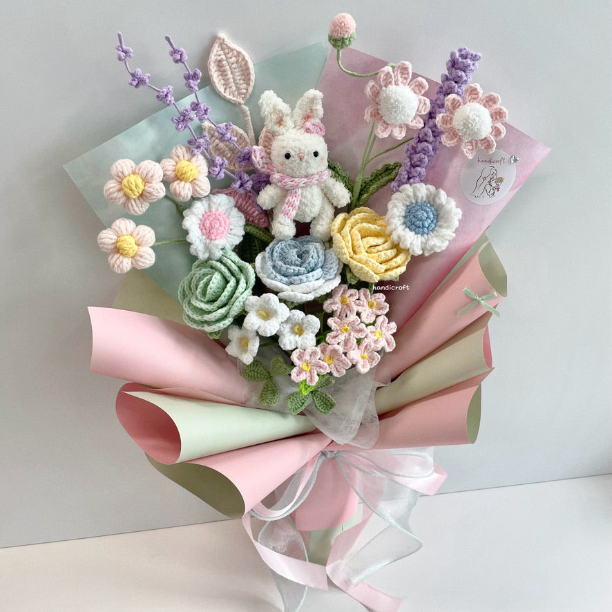 handicroft handmade crochet pastel flower bouquet rabbit bunny's pastel playground