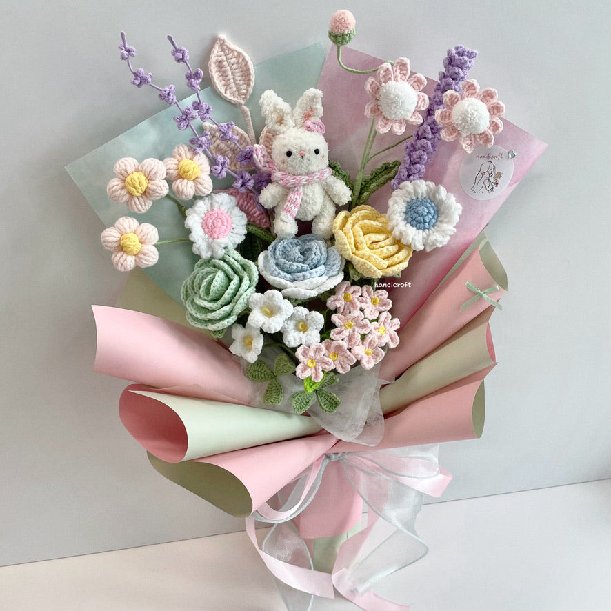 handicroft handmade crochet pastel flower bouquet rabbit bunny's pastel playground