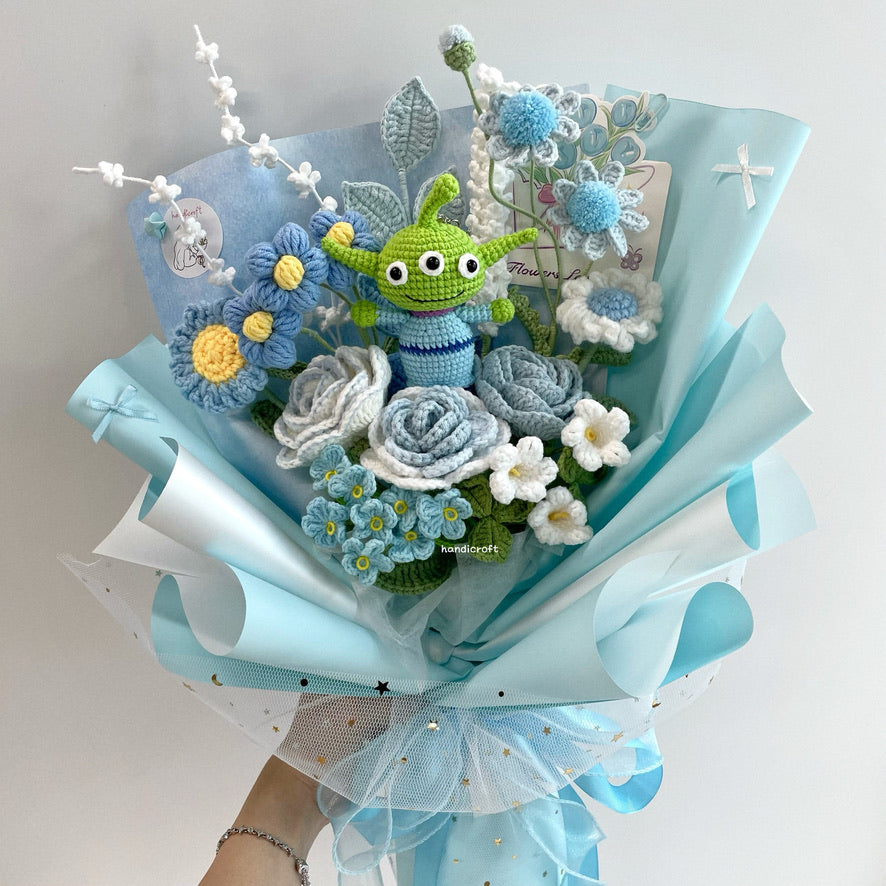handicroft handmade crochet pastel flower bouquet three-eyed alien's pastel playground blue