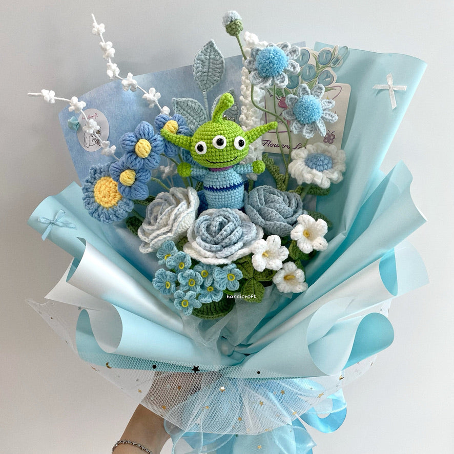 handicroft handmade crochet pastel flower bouquet three-eyed alien's pastel playground blue