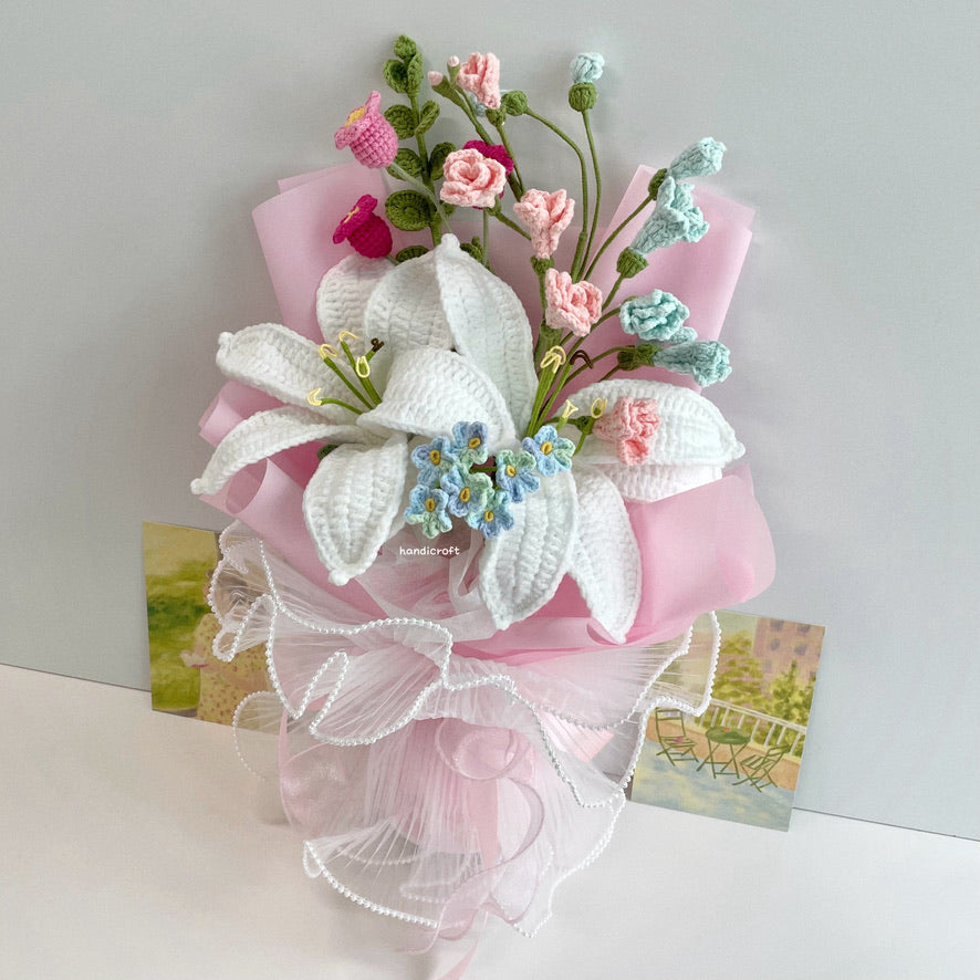 handicroft handmade crochet pastel lily flower bouquet dream of lilies