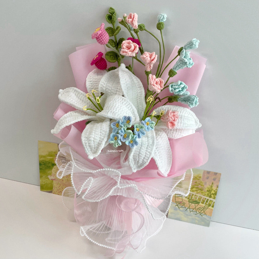 handicroft handmade crochet pastel lily flower bouquet dream of lilies