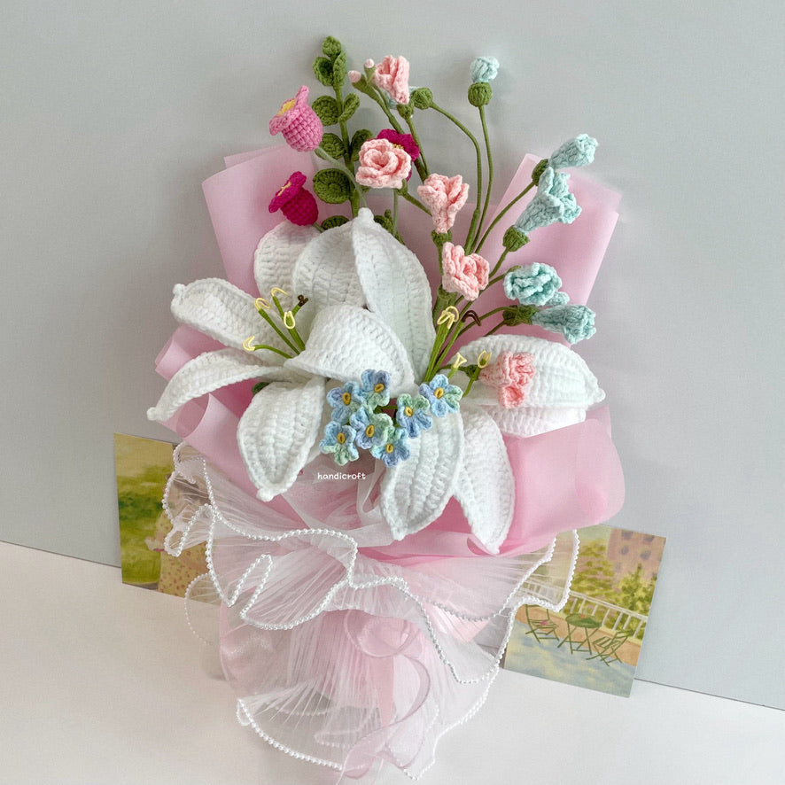 handicroft handmade crochet pastel lily flower bouquet dream of lilies