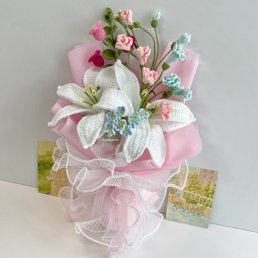 handicroft handmade crochet pastel lily flower bouquet dream of lilies