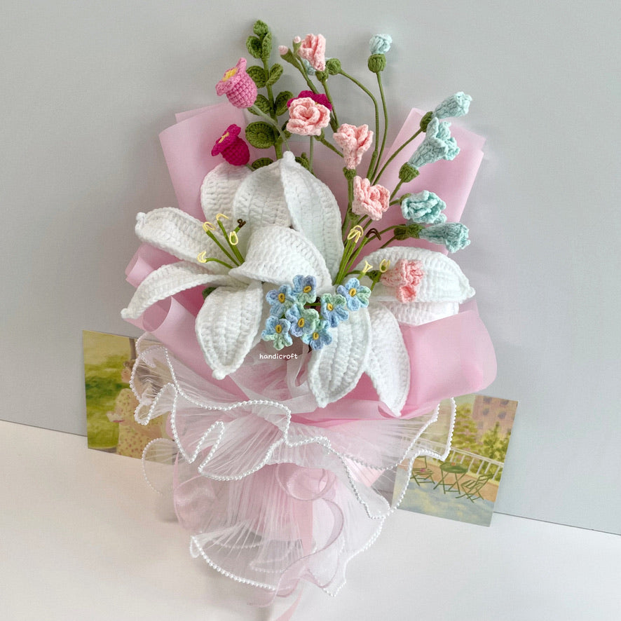 handicroft handmade crochet pastel lily flower bouquet dream of lilies