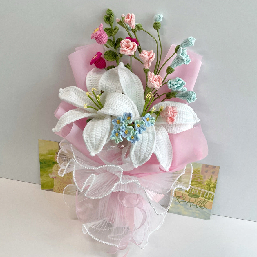 handicroft handmade crochet pastel lily flower bouquet dream of lilies
