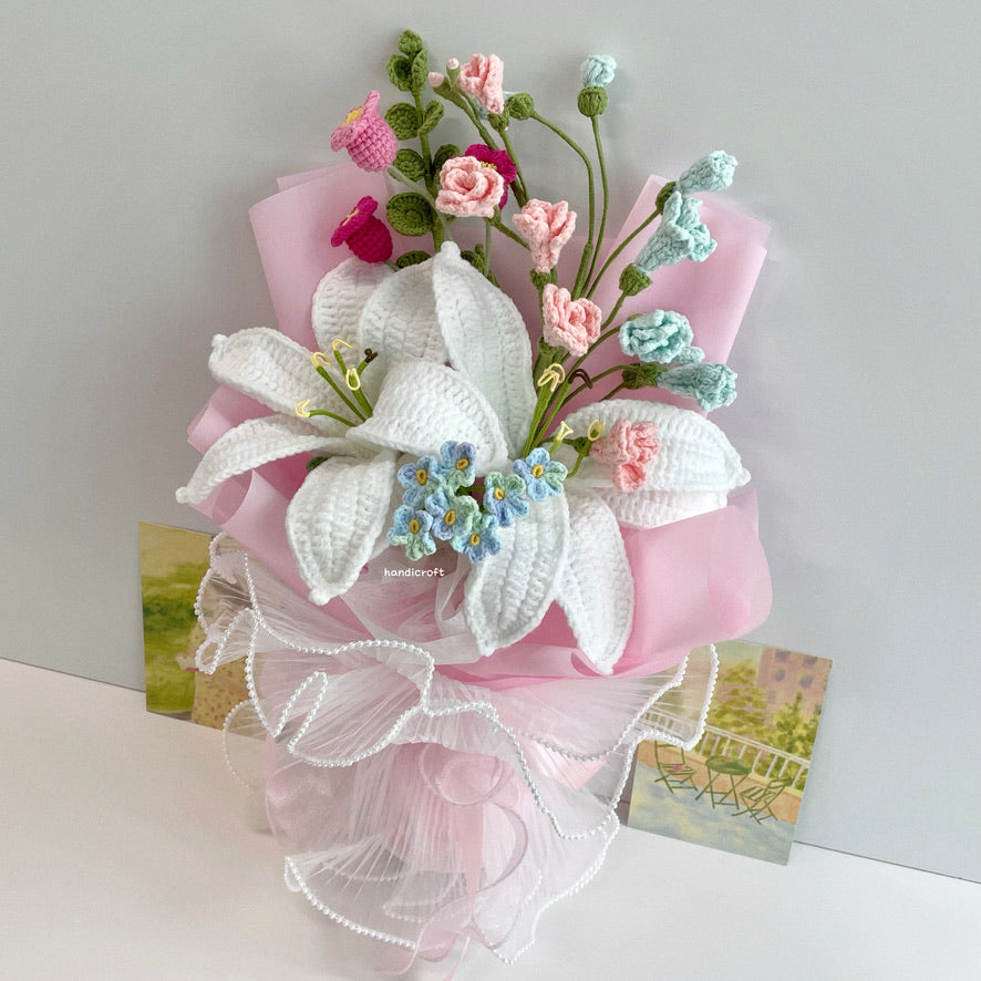 handicroft handmade crochet pastel lily flower bouquet dream of lilies