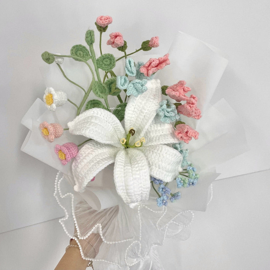 handicroft handmade crochet pastel lily flower bouquet lily in spring