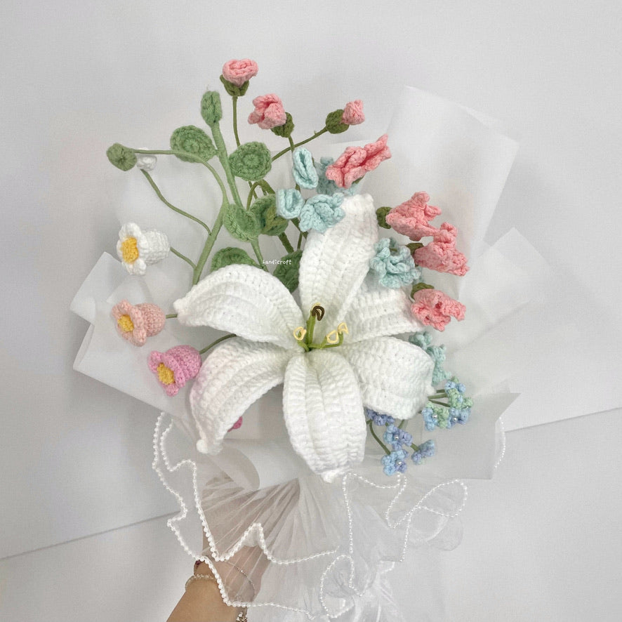 handicroft handmade crochet pastel lily flower bouquet lily in spring