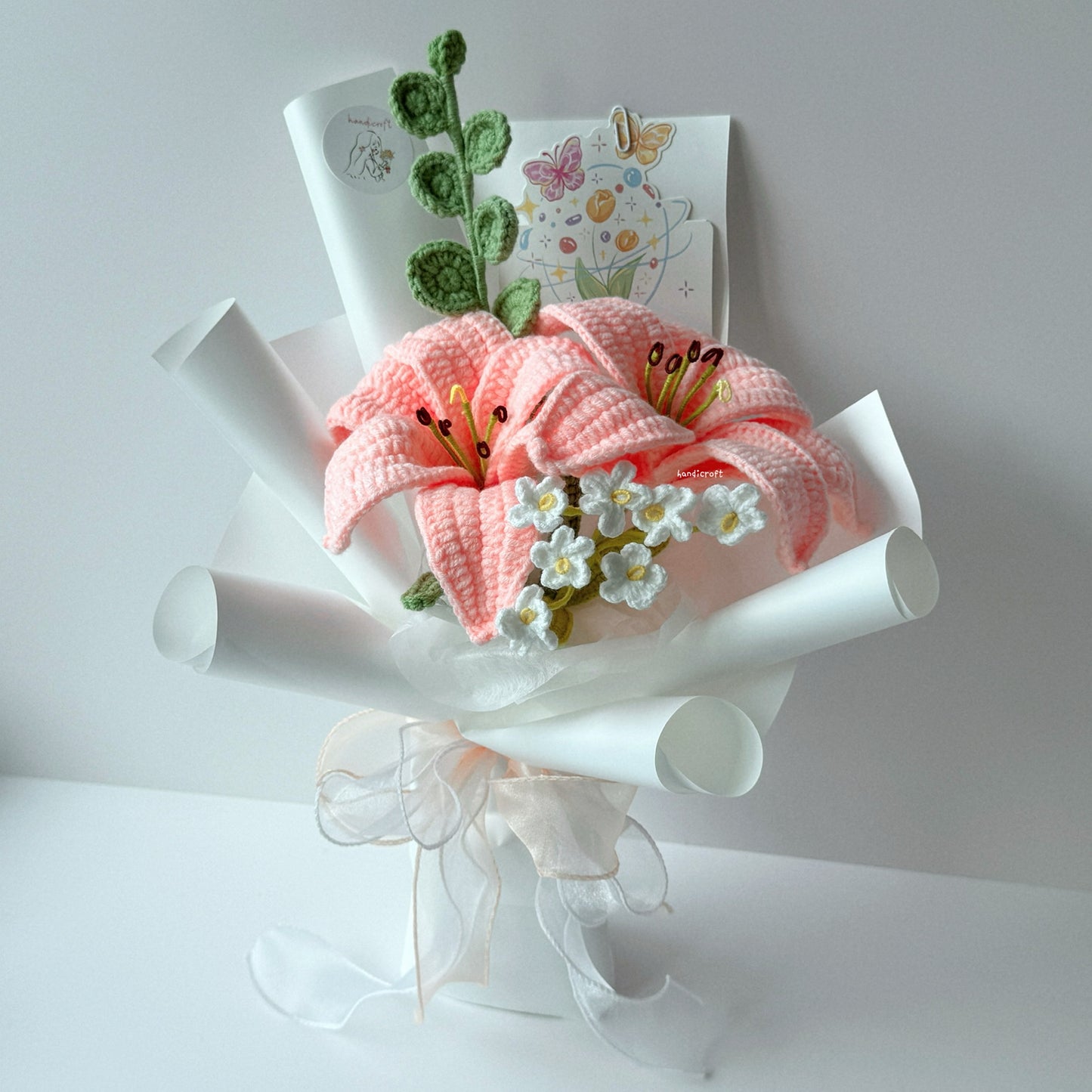 handicroft handmade crochet peach pink lily flower bouquet lily loveletter
