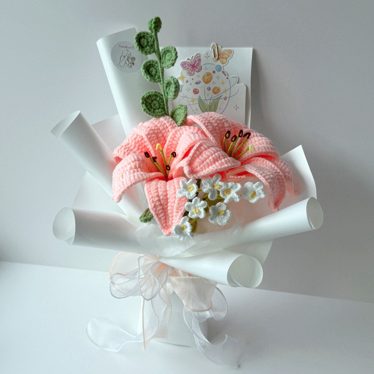 handicroft handmade crochet peach pink lily flower bouquet lily loveletter