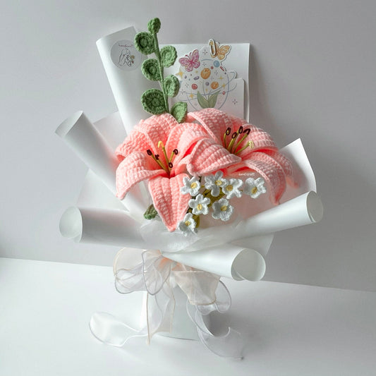 handicroft handmade crochet peach pink lily flower bouquet lily loveletter
