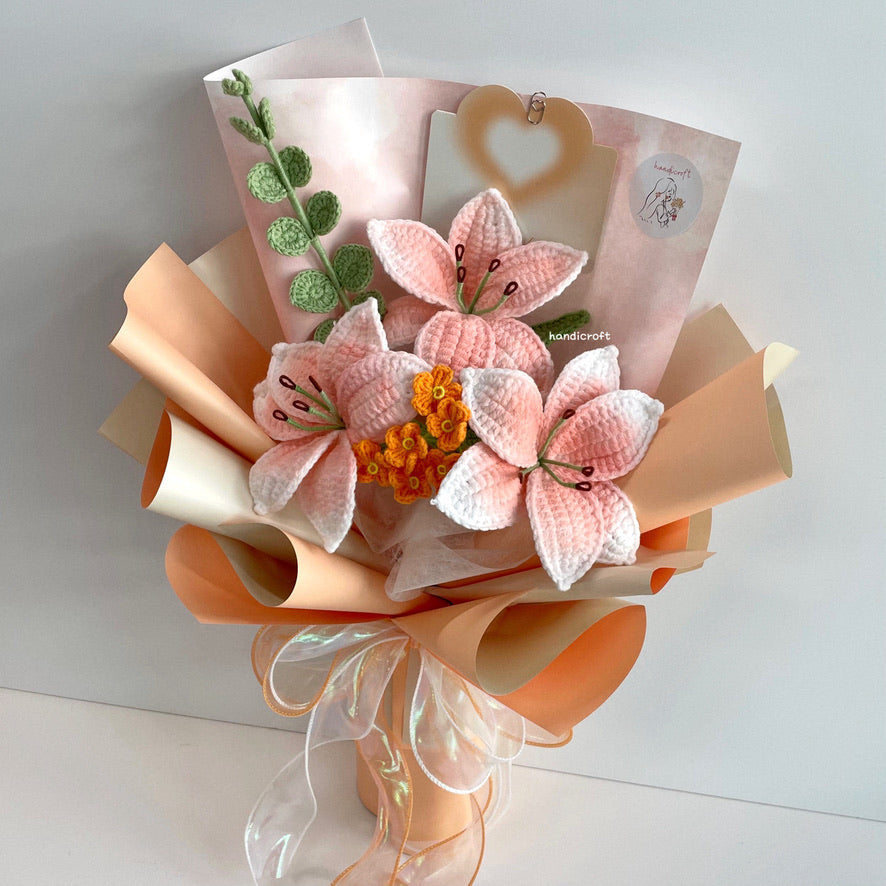 handicroft handmade crochet peachy orange lily flower bouquet lily love poem sunset edition