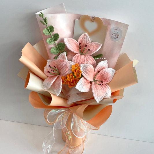 handicroft handmade crochet peachy orange lily flower bouquet lily love poem sunset edition