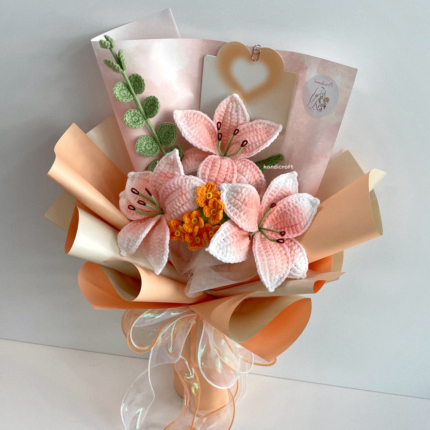 handicroft handmade crochet peachy orange lily flower bouquet lily love poem sunset edition