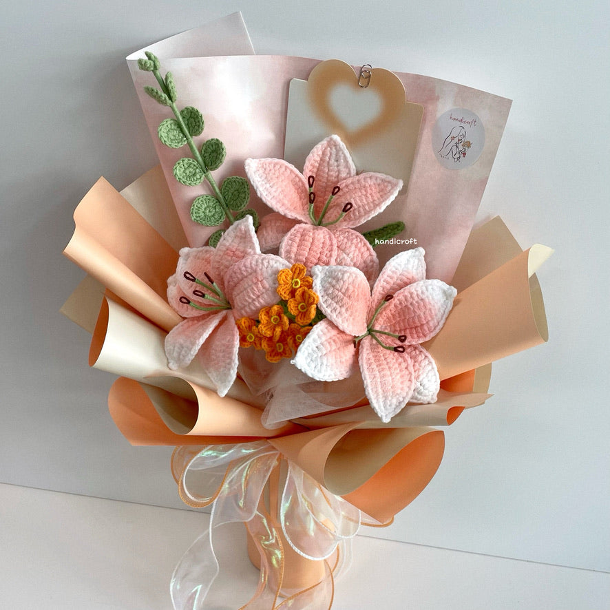 handicroft handmade crochet peachy orange lily flower bouquet lily love poem sunset edition