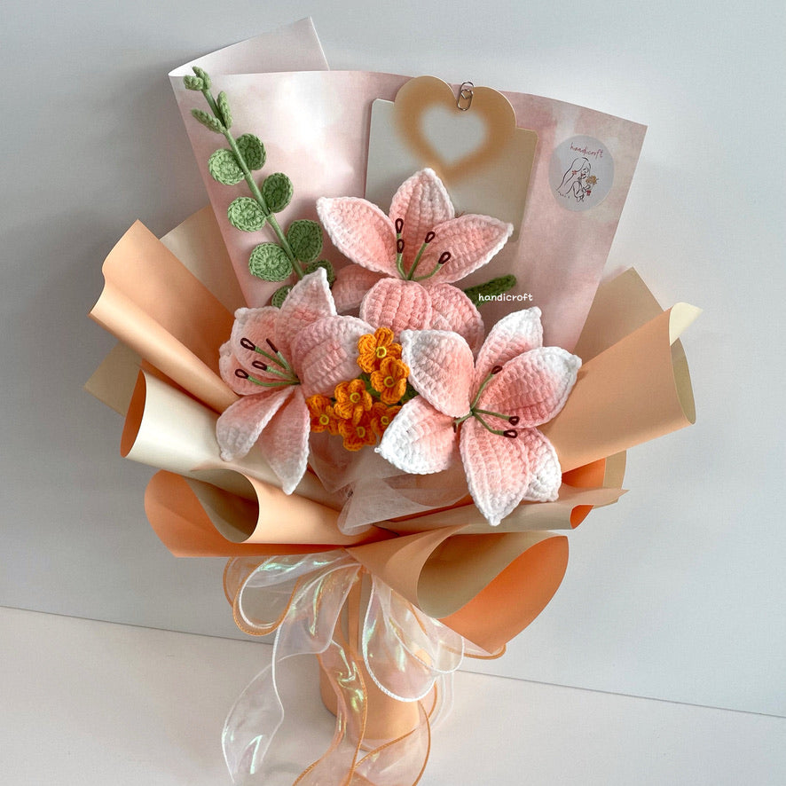 handicroft handmade crochet peachy orange lily flower bouquet lily love poem sunset edition