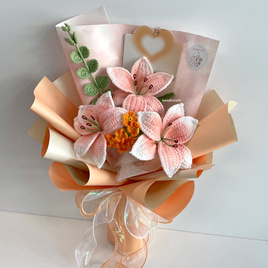 handicroft handmade crochet peachy orange lily flower bouquet lily love poem sunset edition