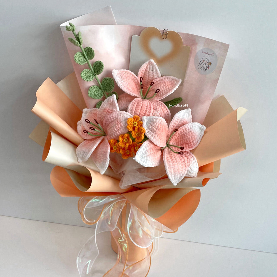 handicroft handmade crochet peachy orange lily flower bouquet lily love poem sunset edition