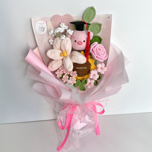handicroft handmade crochet pig sunflower graduation flower bouquet piggy proud pink