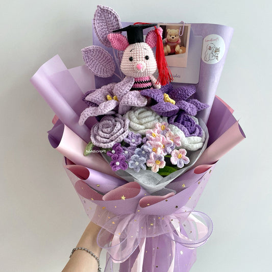 handicroft handmade crochet piglet graduation flower bouquet piglet's happy place purple