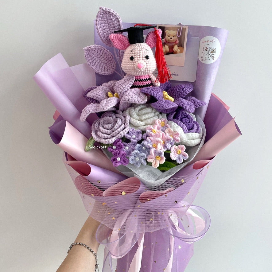 handicroft handmade crochet piglet graduation flower bouquet piglet's happy place purple