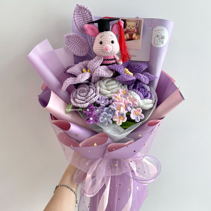handicroft handmade crochet piglet graduation flower bouquet piglet's happy place purple