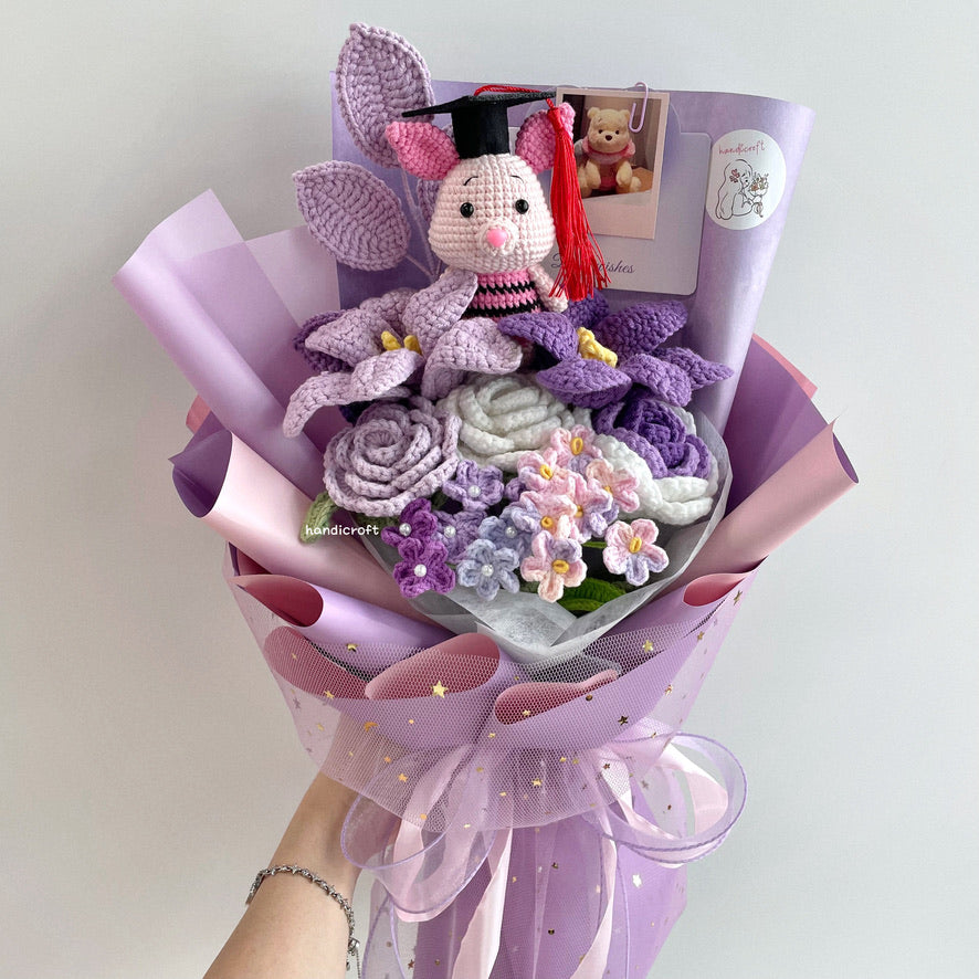 handicroft handmade crochet piglet graduation flower bouquet piglet's happy place purple