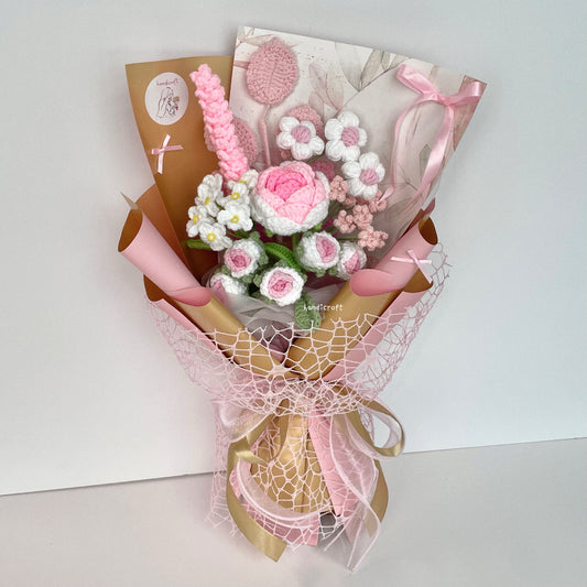 handicroft handmade crochet pink flower bouquet golden blush