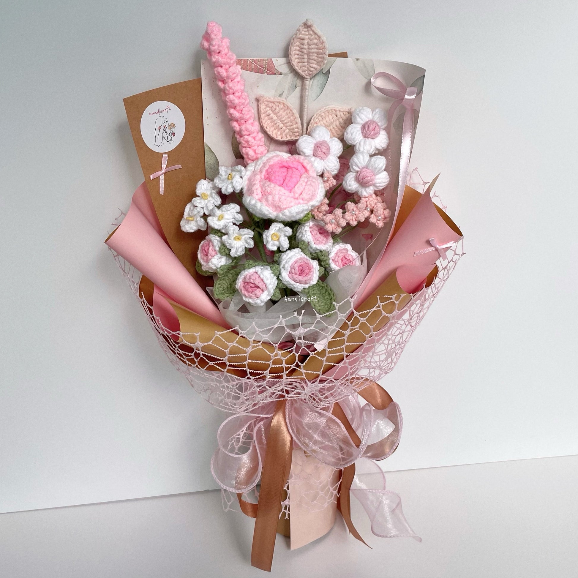 handicroft handmade crochet pink flower bouquet golden blush