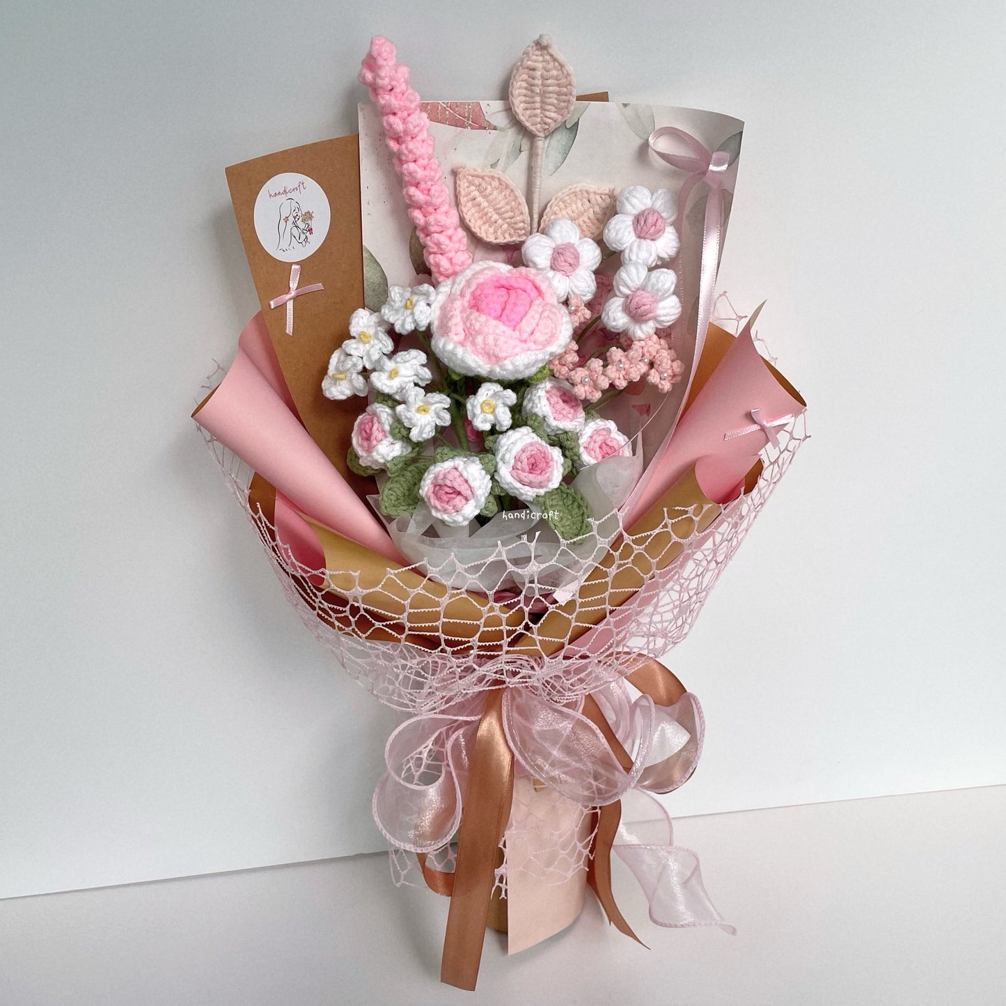 handicroft handmade crochet pink flower bouquet golden blush