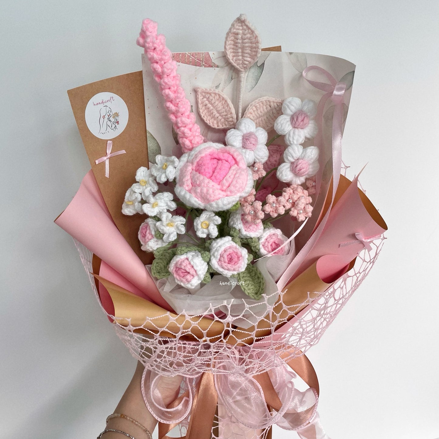 handicroft handmade crochet pink flower bouquet golden blush