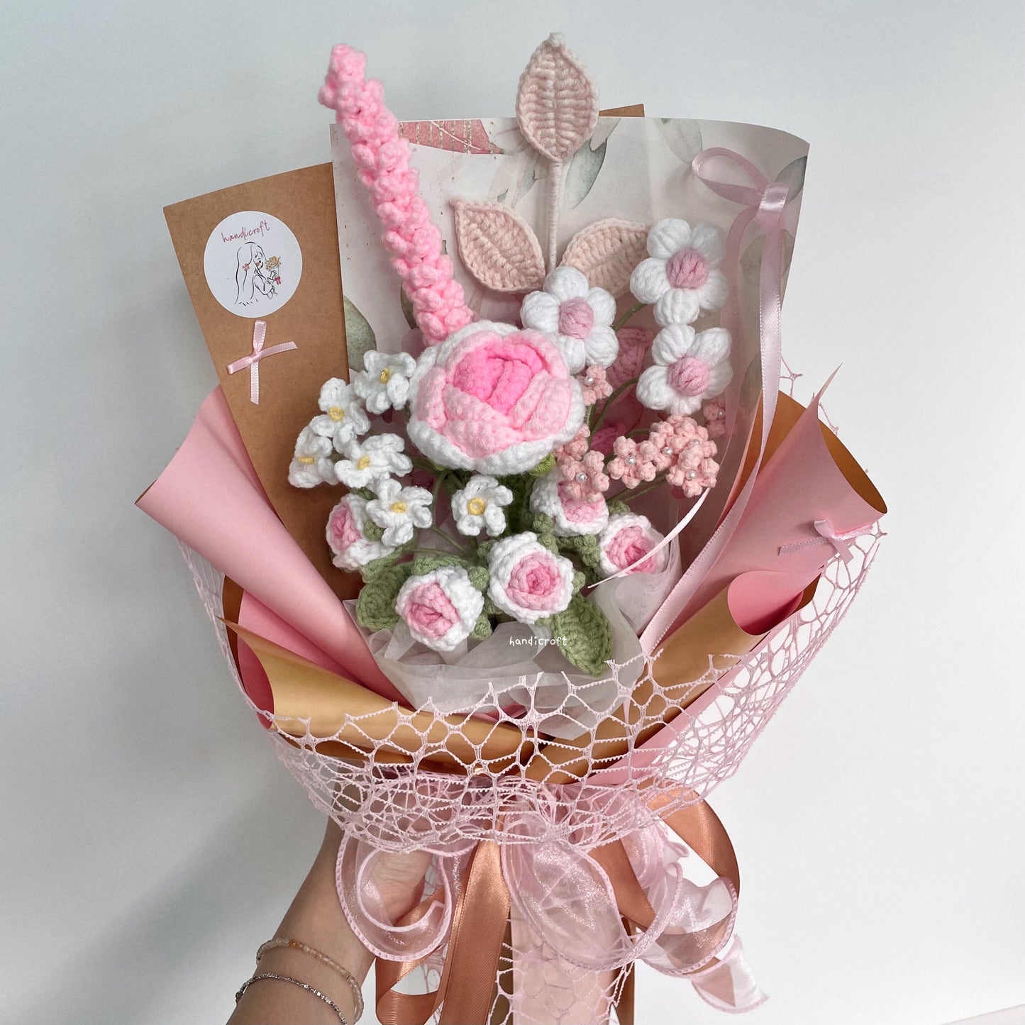 handicroft handmade crochet pink flower bouquet golden blush