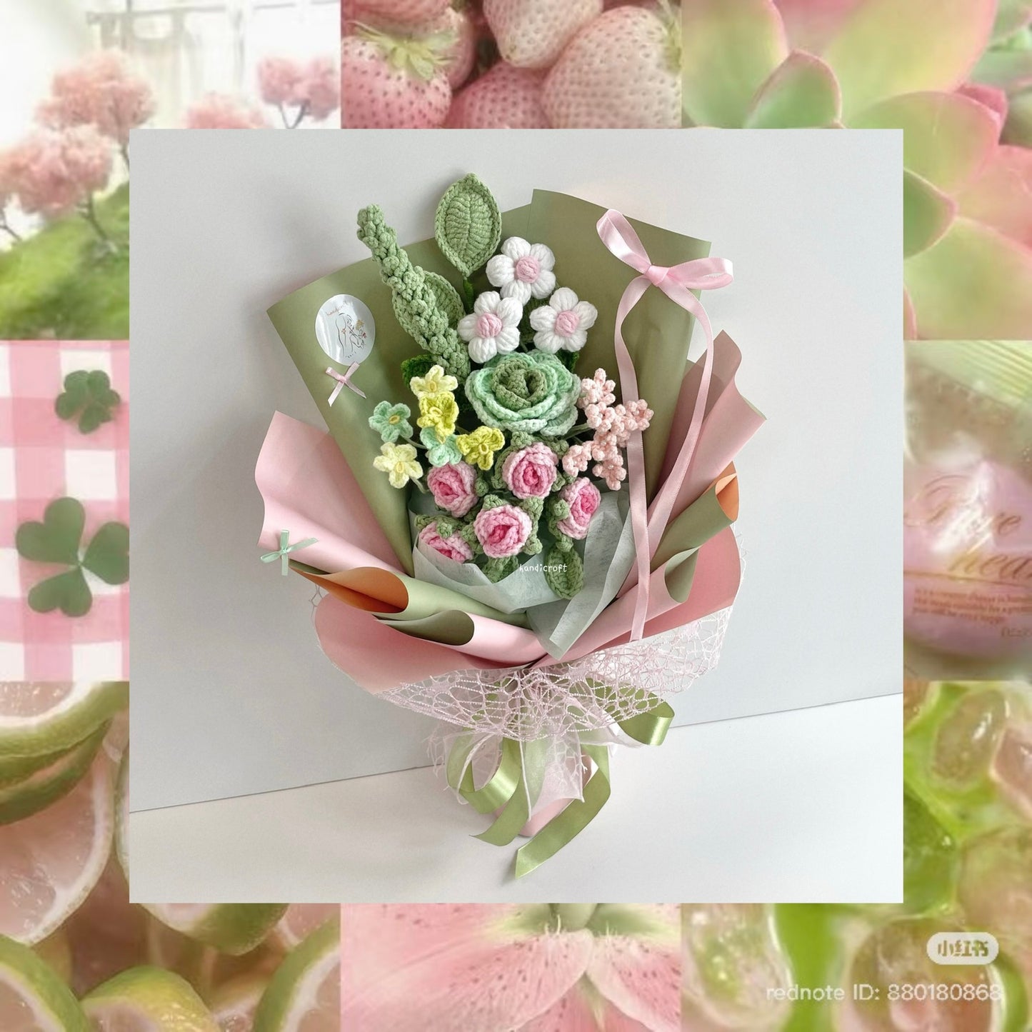 handicroft handmade crochet pink & green flower bouquet spring blush