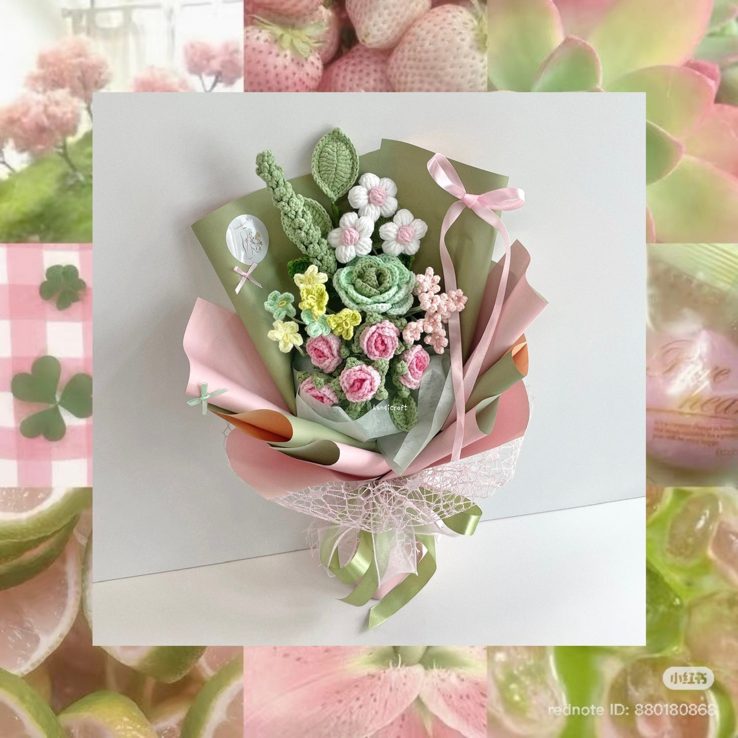 handicroft handmade crochet pink & green flower bouquet spring blush
