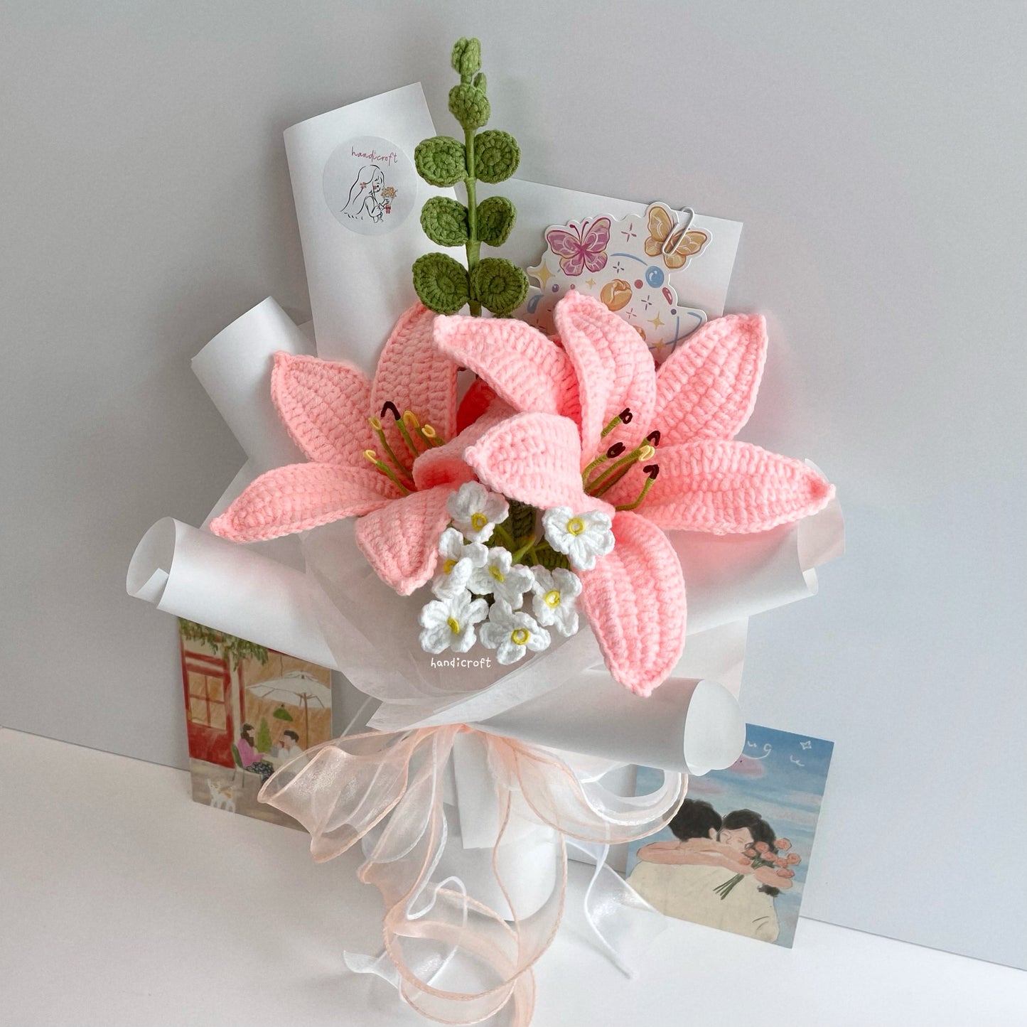 handicroft handmade crochet pink lily flower bouquet lily love letter 2 lilies
