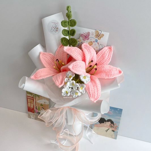 handicroft handmade crochet pink lily flower bouquet lily love letter 2 lilies