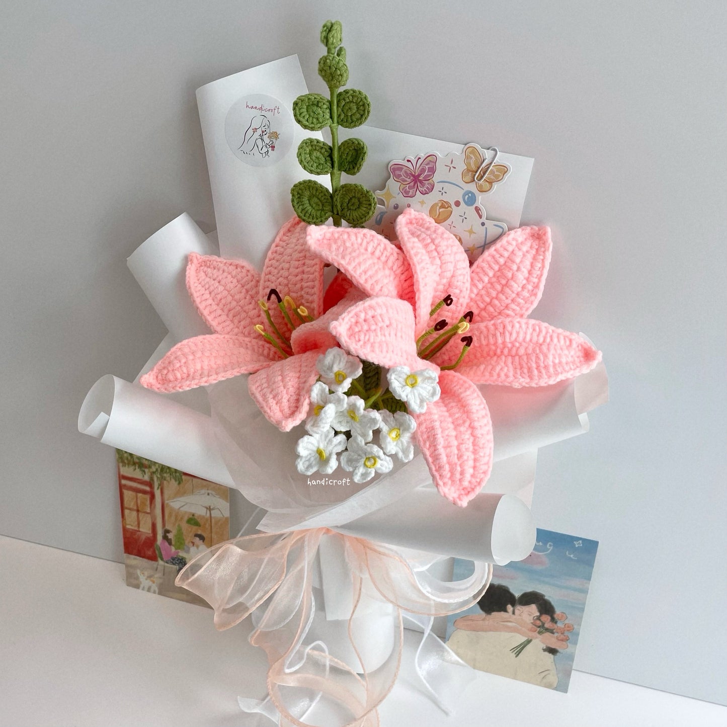 handicroft handmade crochet pink lily flower bouquet lily love letter 2 lilies