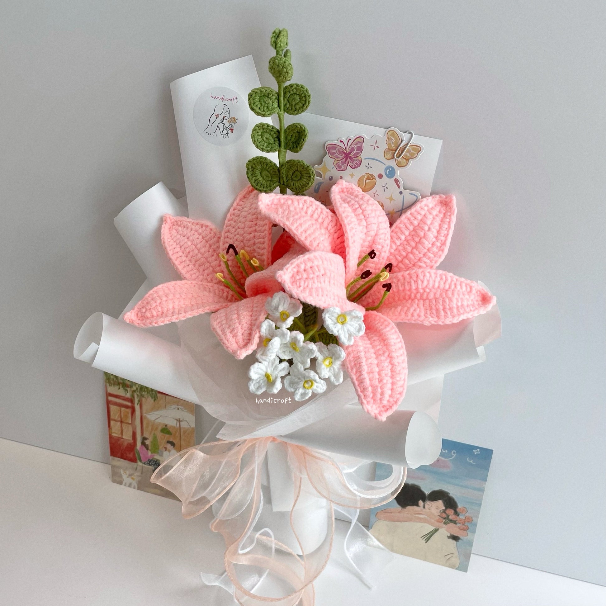handicroft handmade crochet pink lily flower bouquet lily love letter 2 lilies
