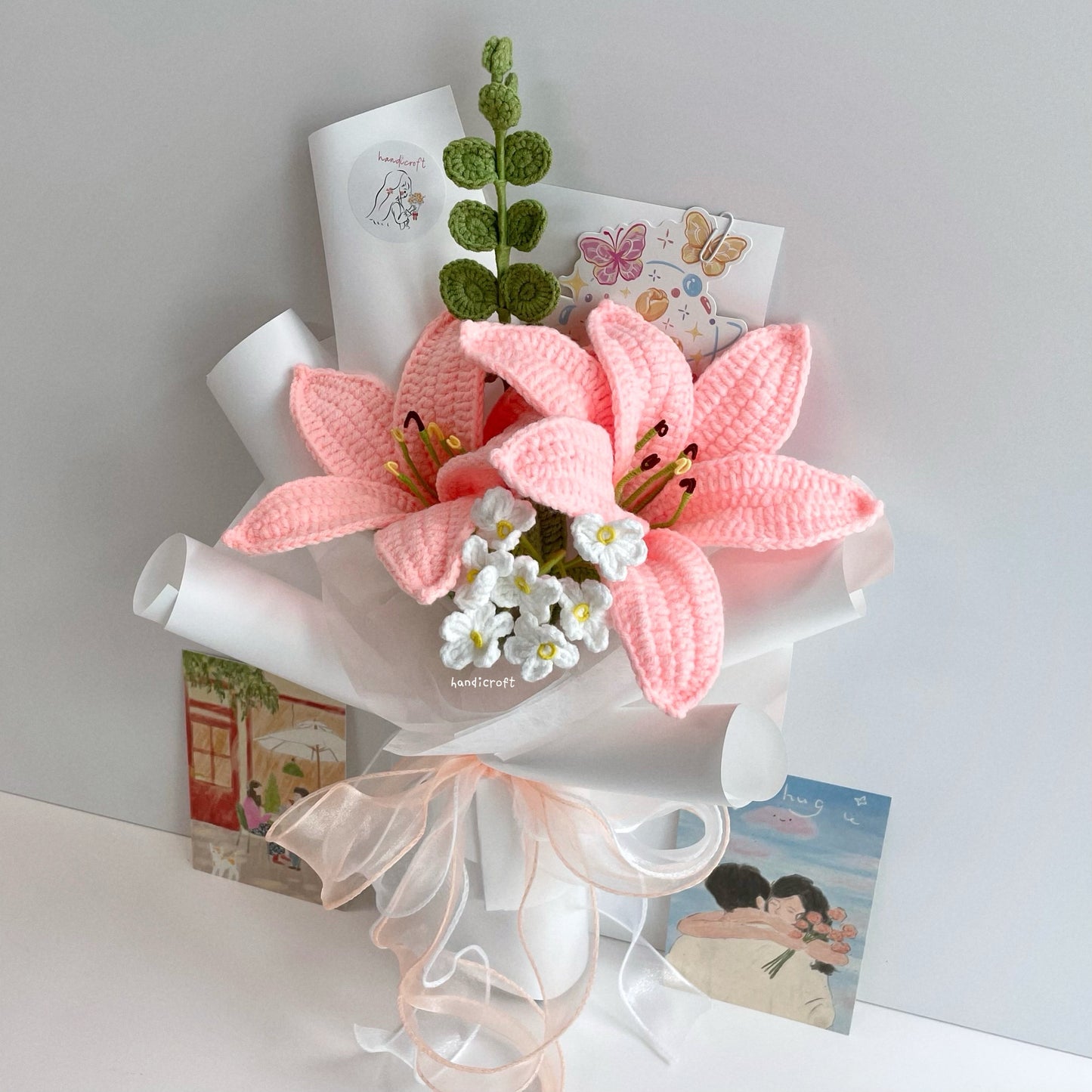 handicroft handmade crochet pink lily flower bouquet lily love letter 2 lilies