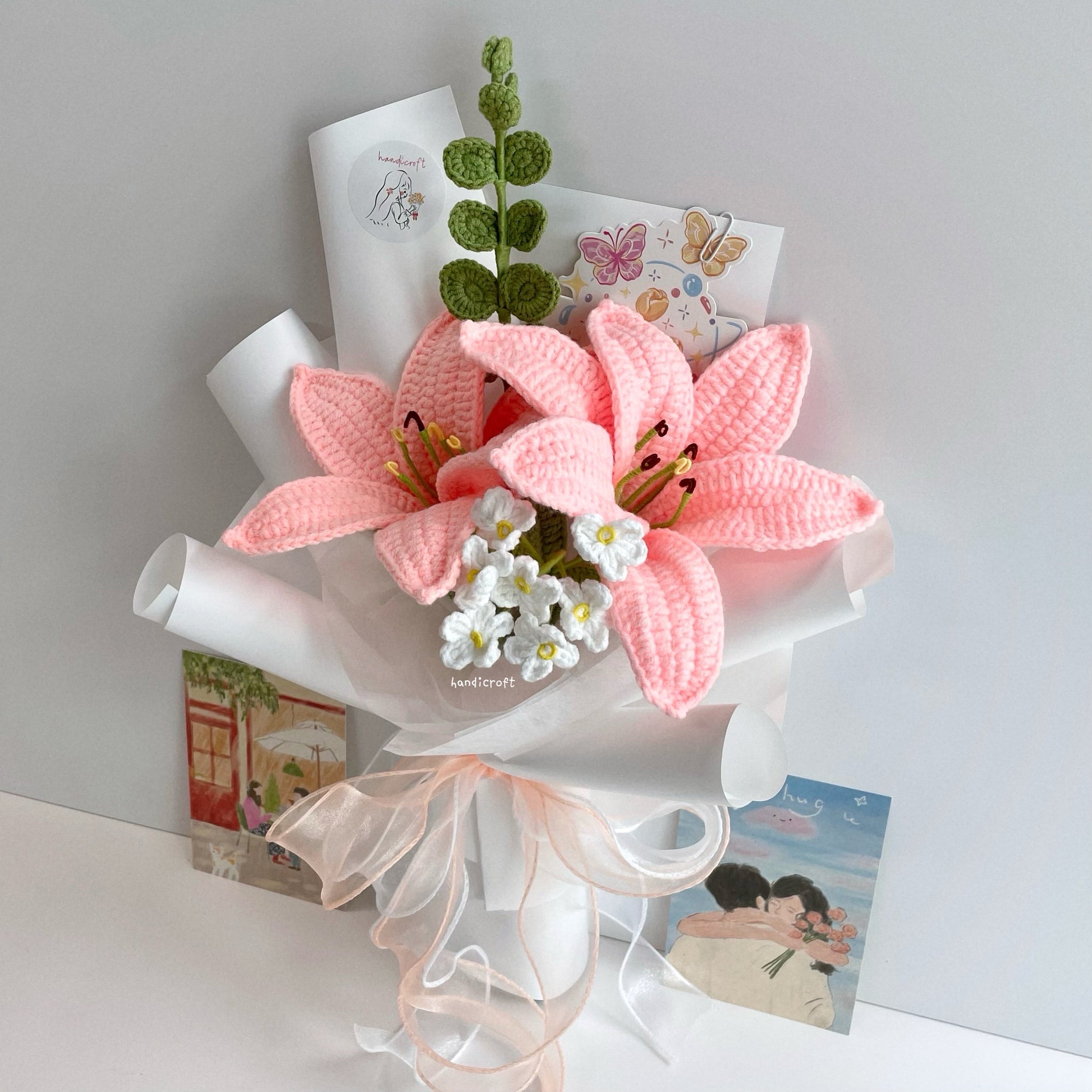 handicroft handmade crochet pink lily flower bouquet lily love letter 2 lilies