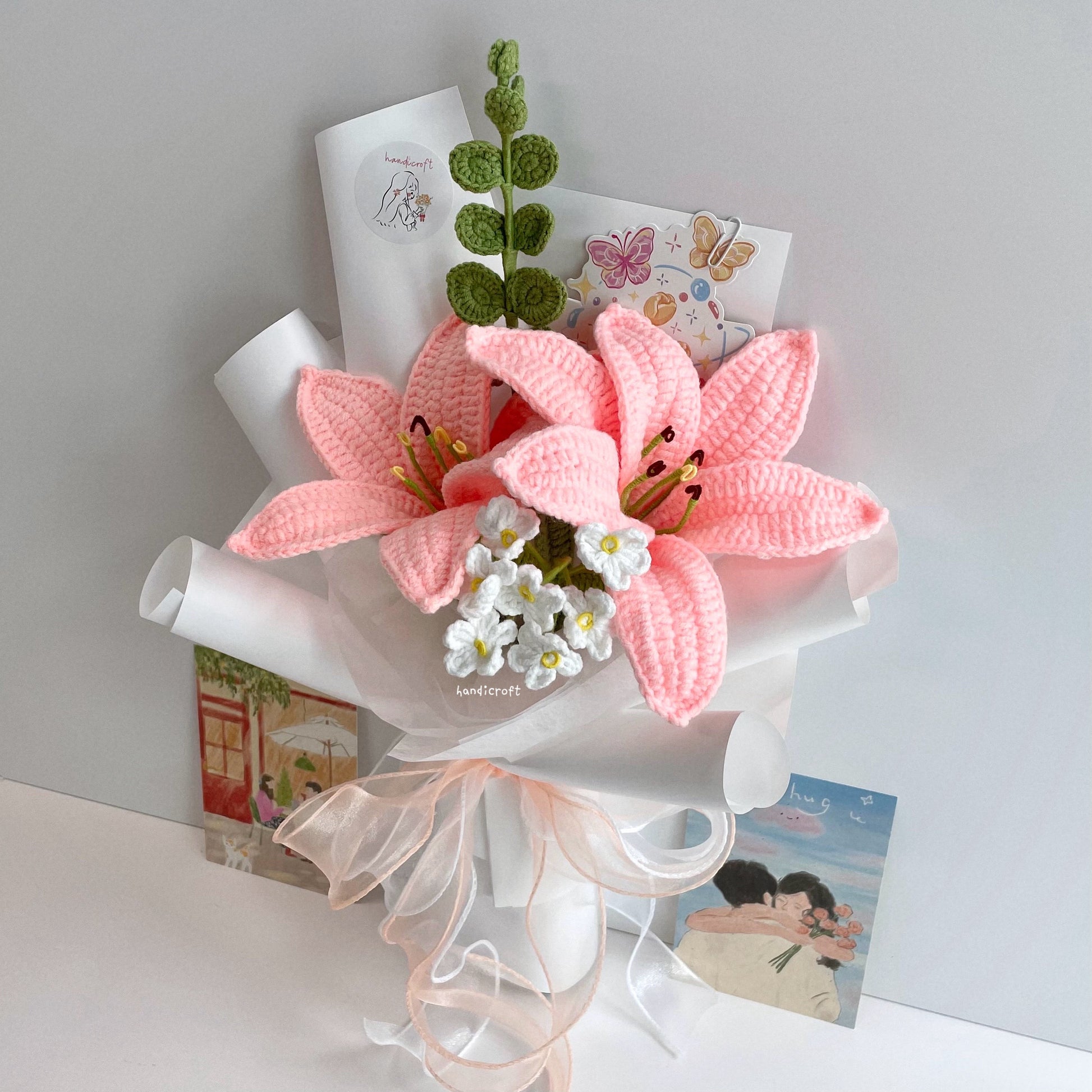 handicroft handmade crochet pink lily flower bouquet lily love letter 2 lilies
