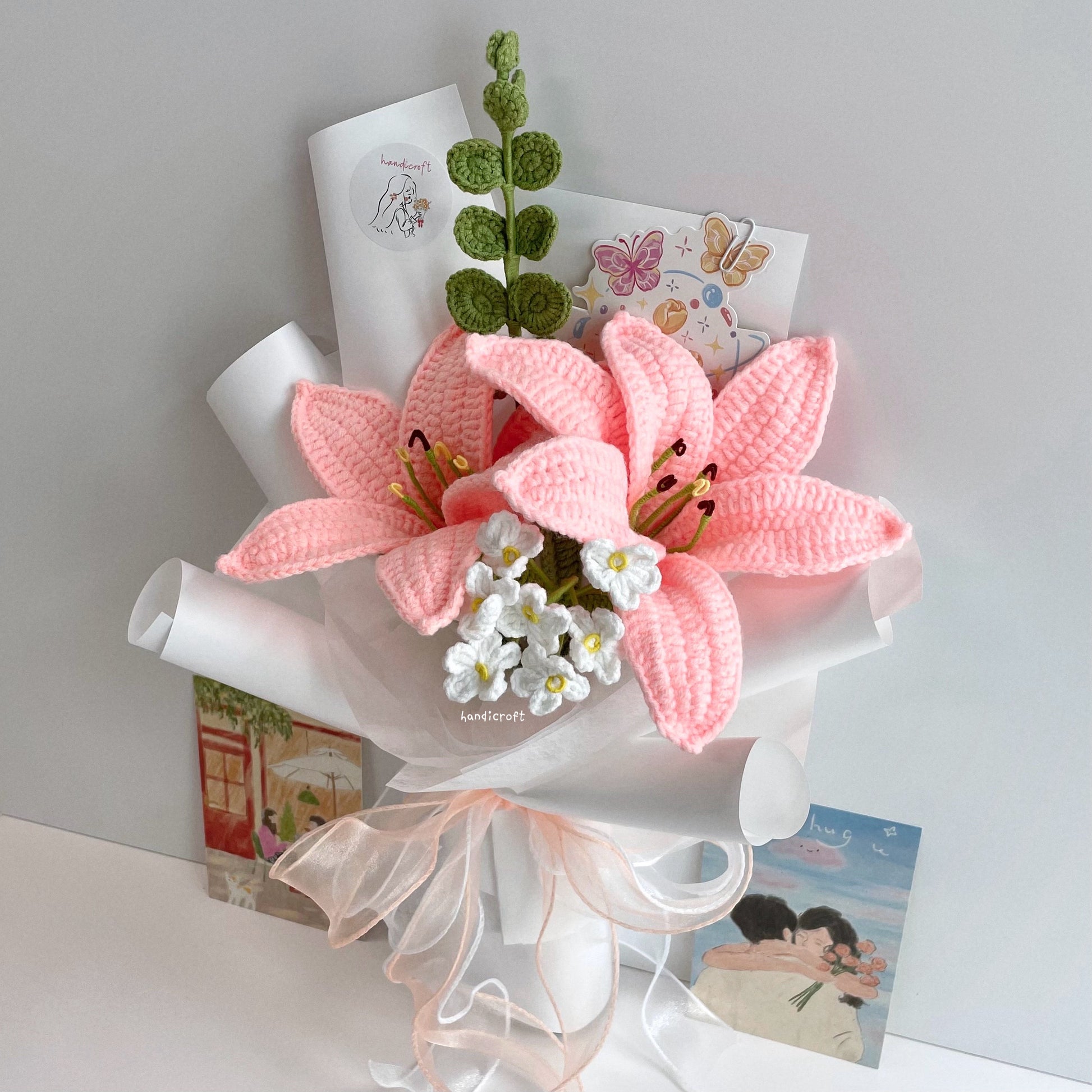 handicroft handmade crochet pink lily flower bouquet lily love letter 2 lilies