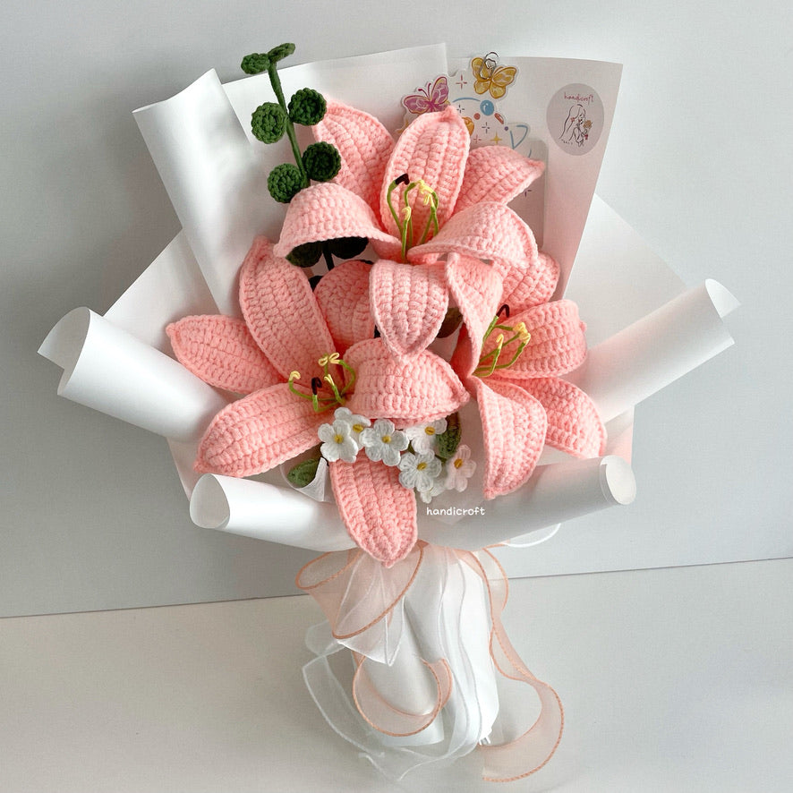 handicroft handmade crochet pink lily flower bouquet lily love letter 3 lilies