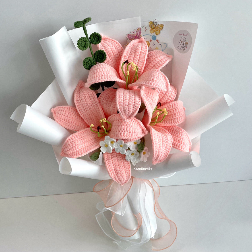 handicroft handmade crochet pink lily flower bouquet lily love letter 3 lilies